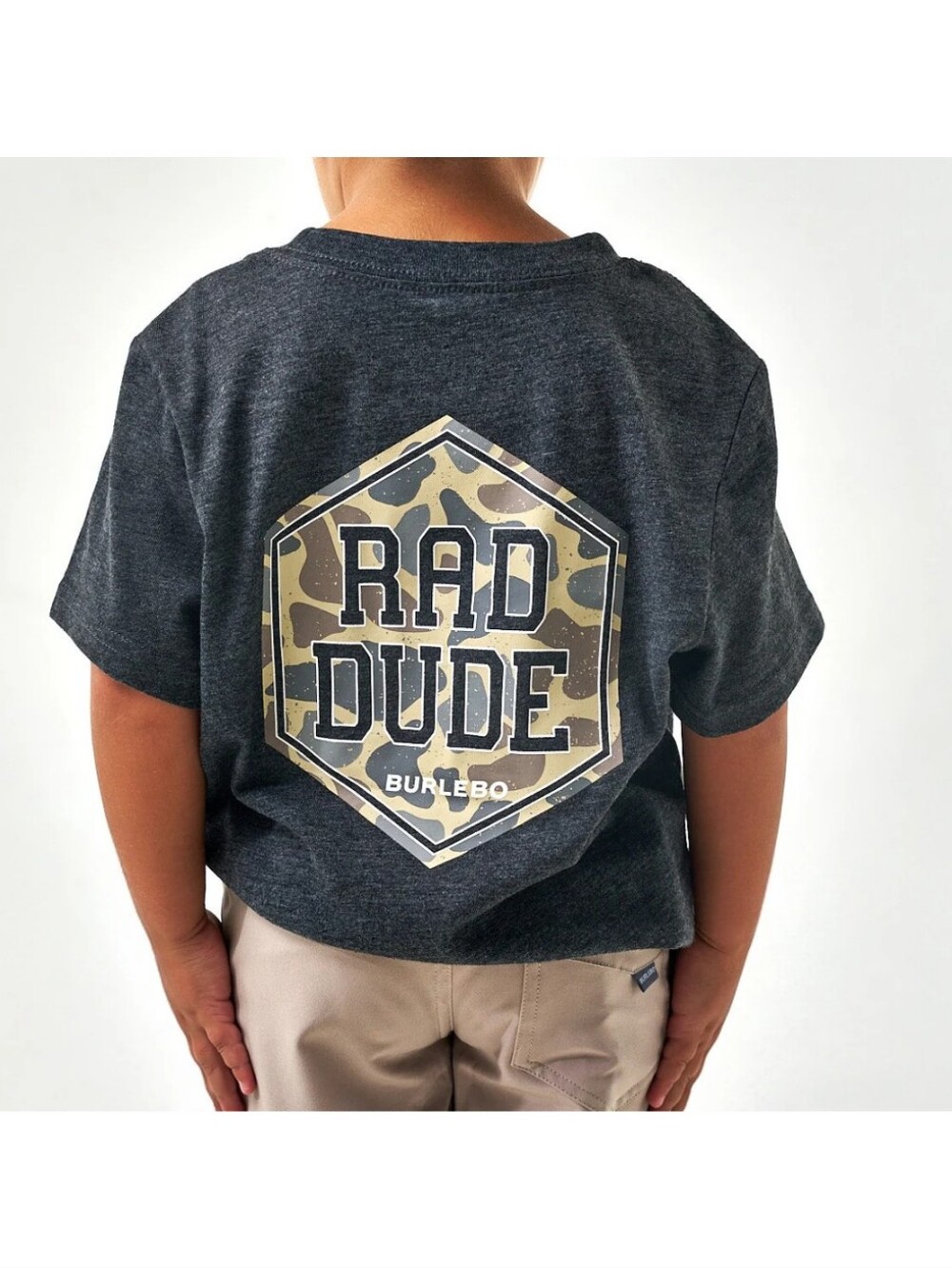 BURLEBO Youth Short Sleeve Tee - Rad Dude Deer Camo - Heather Black- L(10-12)